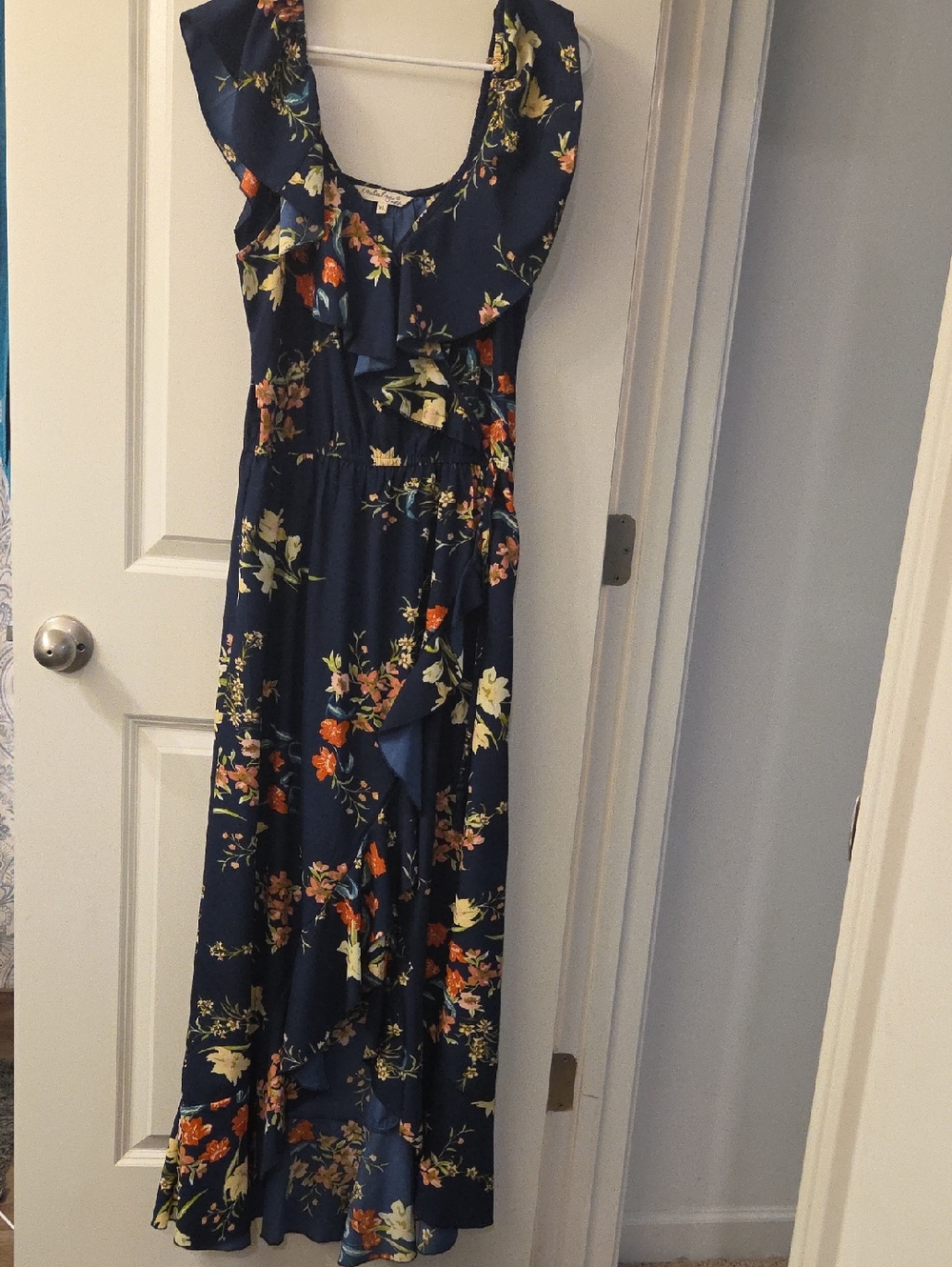 indulge Navy Floral Maxi Dress with Orange & Cream Accents